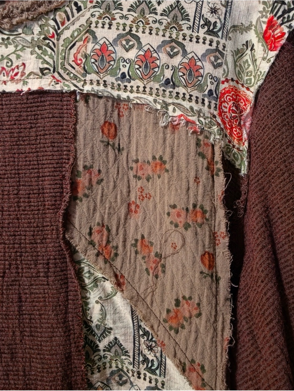 POL Anthropologie Boho Patchwork waffle thermal floral brown cream pullover Top - Picture 3 of 4